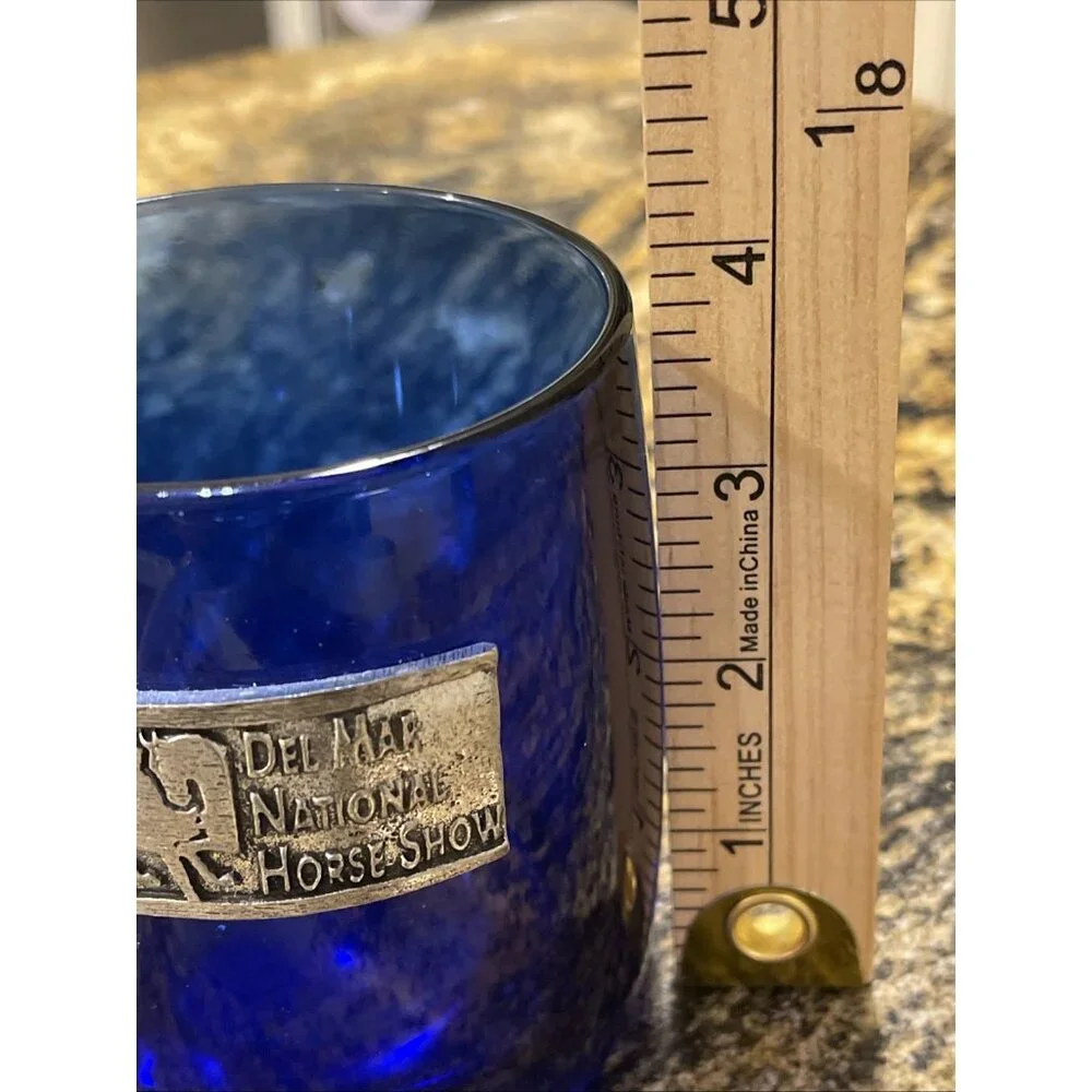 Hand Cast USA Pewter Plaque - Cobalt Blue Glass Cup Made In France Del Mar Horse